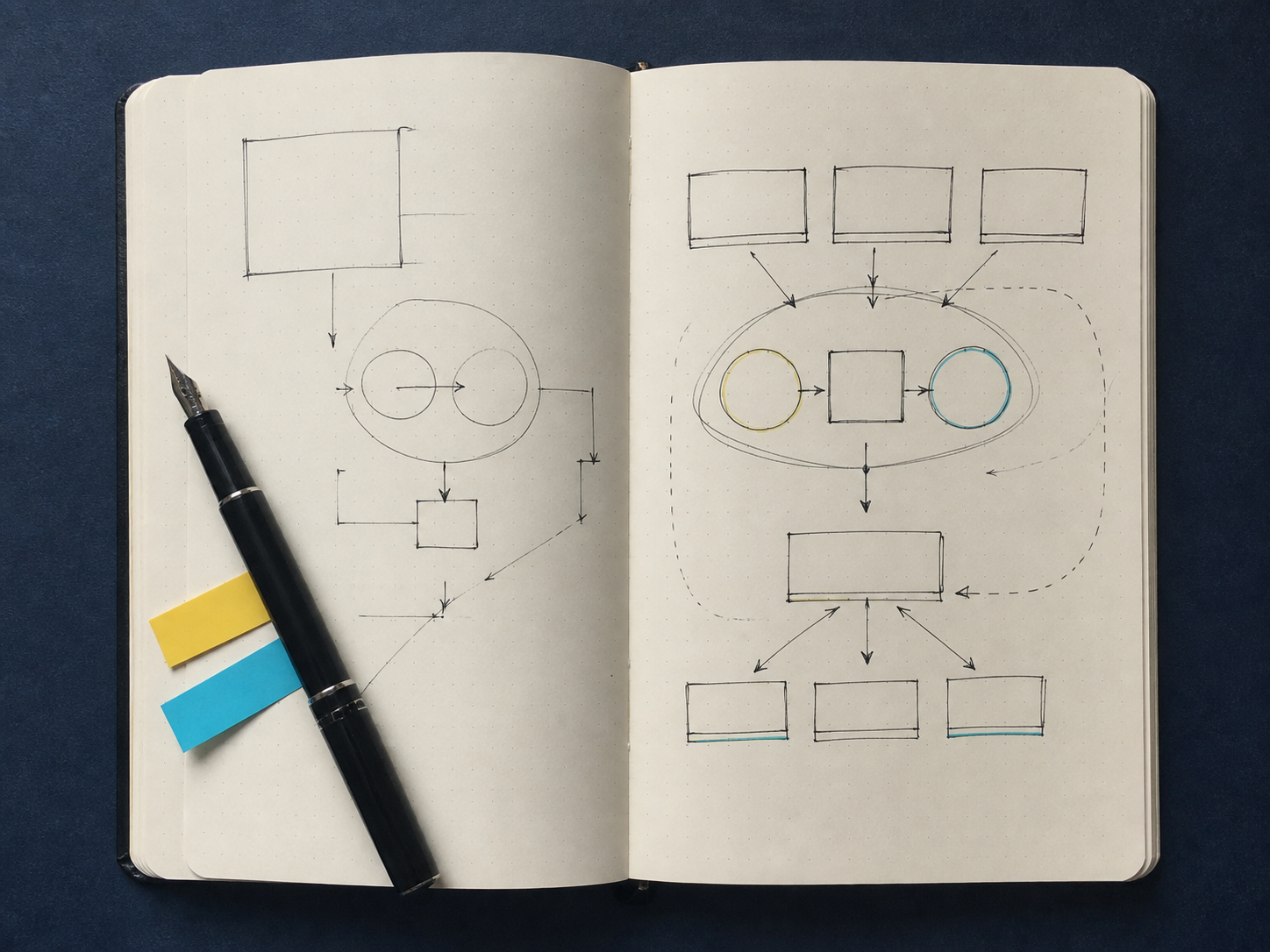 Research notebook with a context-to-action diagram and pen