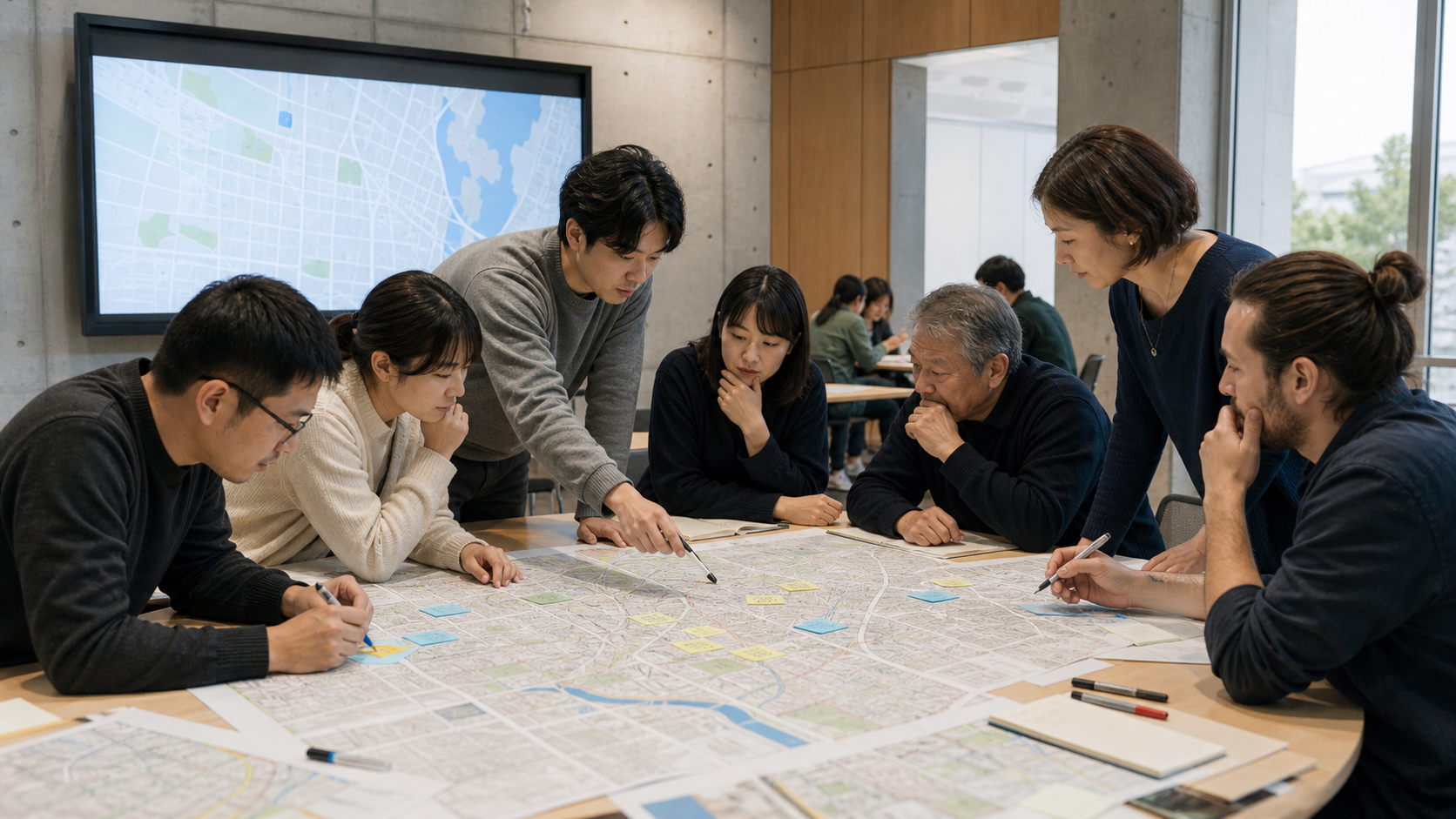 Adults collaborating around a large community risk map