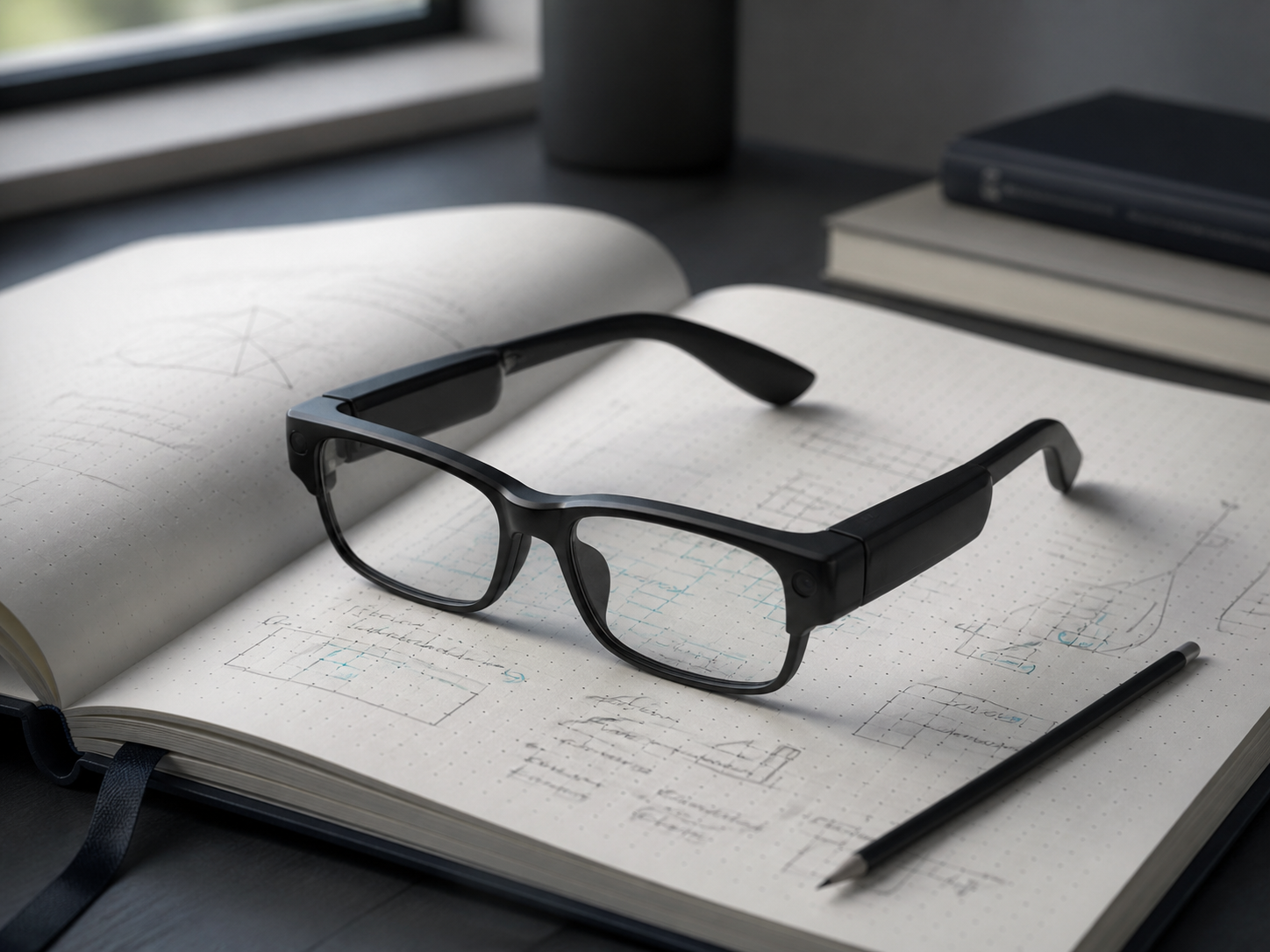 Black smart glasses resting on a research notebook